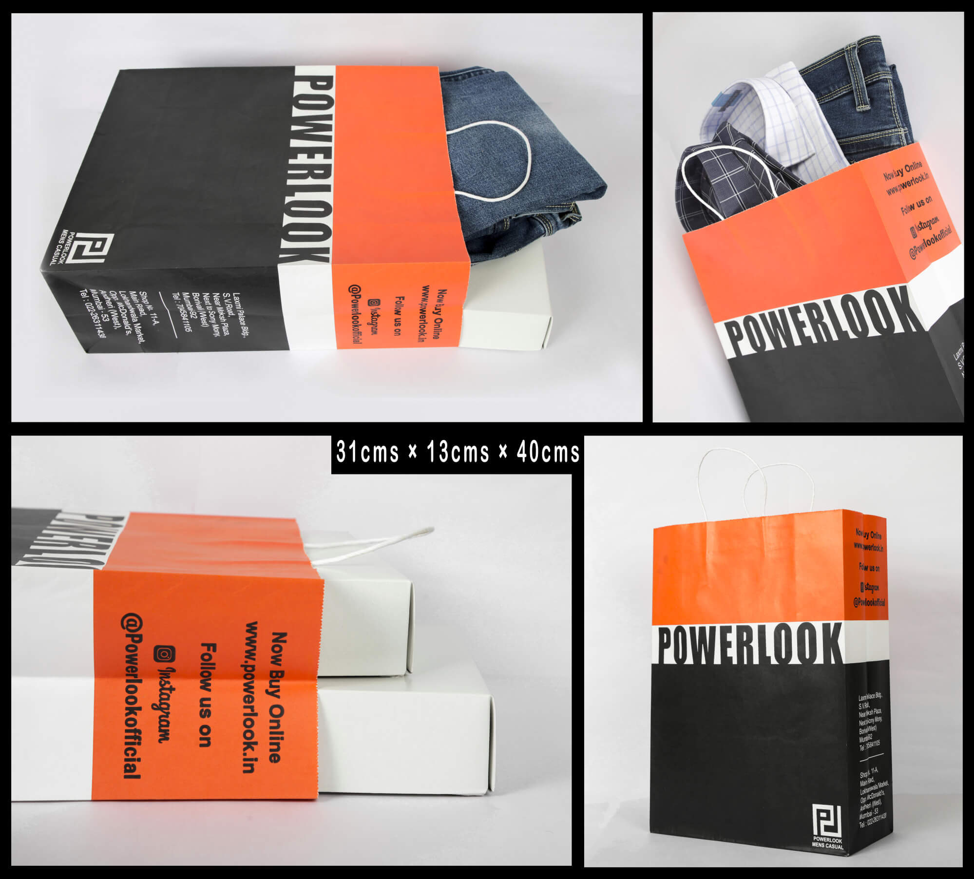 A collage of different views of a roopam paper bag with jeans, shirts & boxes
