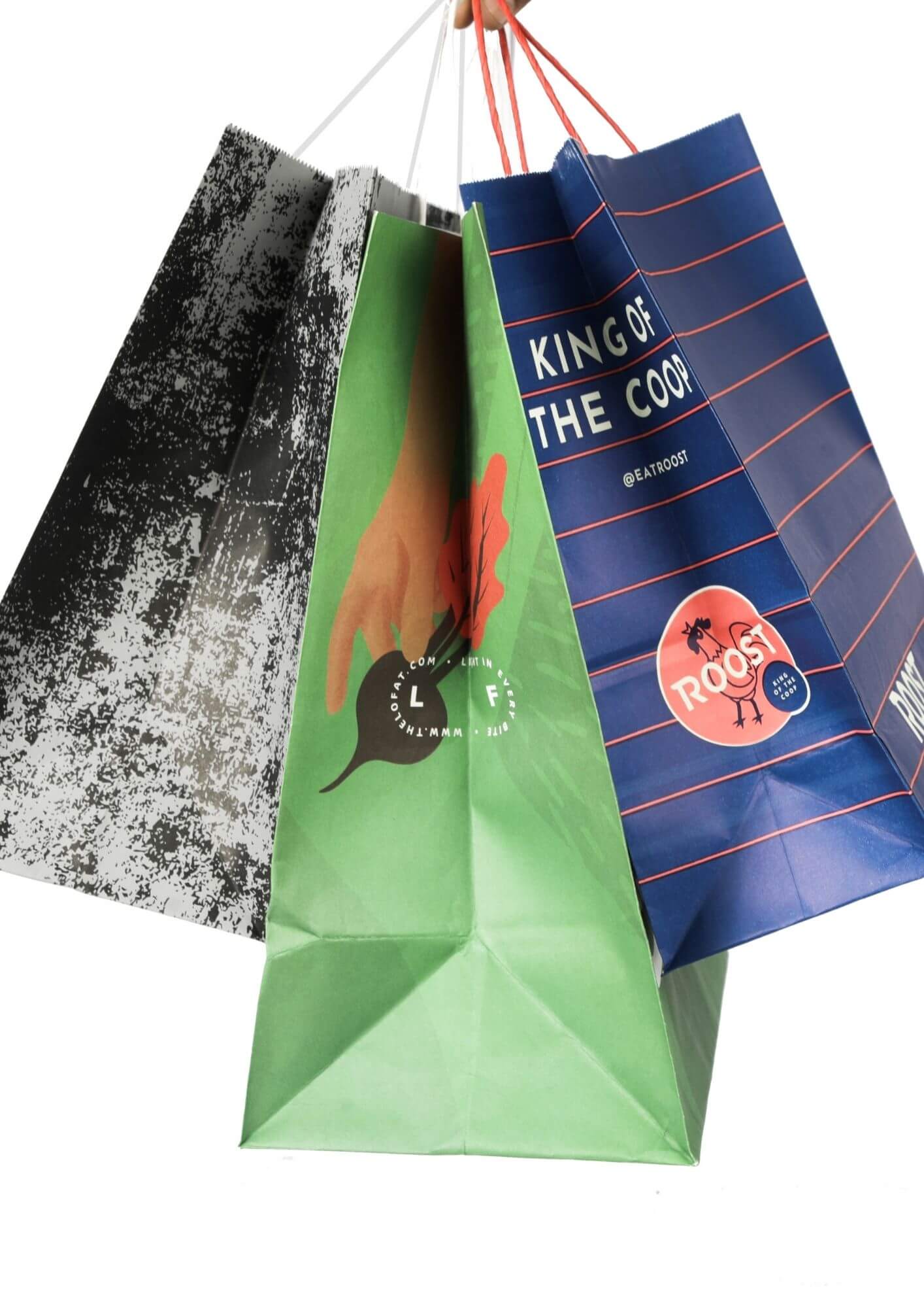 A variety of different paper bags printed by max packaging for its clients